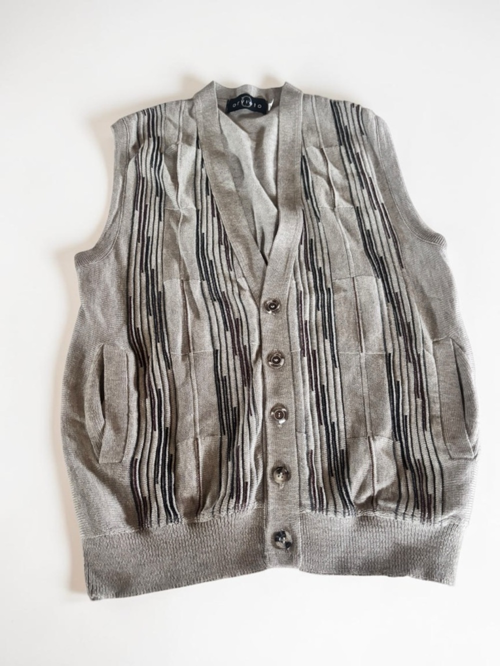 Vintage Knit Sweater Vest for Women Beige Pattern Button Front M